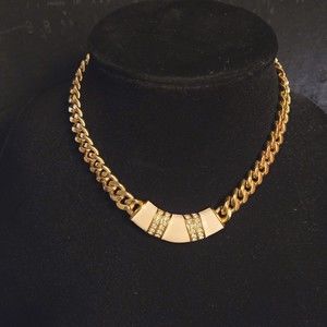 Vntg S.A.L. Swarovski Gold Plate Cuban Curb Chain Enamel & Crystal Necklace 14"